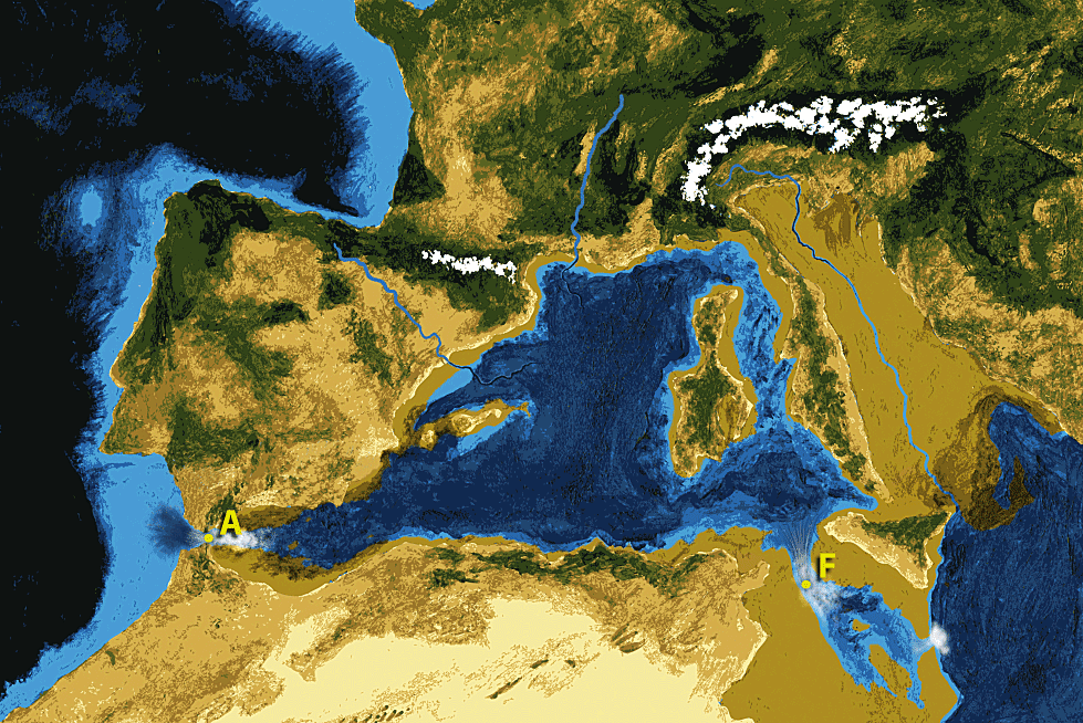 Image shows artistic interpretation of the flooding of the Mediterranean through the Gibraltar Strait (A) and the Sicilian strait (F).