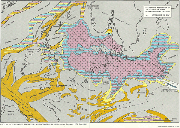 Image shows the Zechstein Sea of the Southern Permian Basin in a Late Permian palaeogeographic reconstruction.
